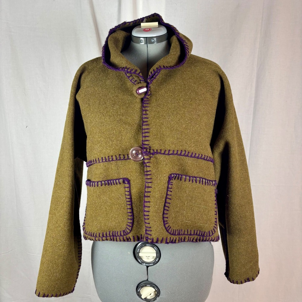 Handmade Hooded Cropped Jacket from Army Green‎ Blanket Button Front Pockets | L - Picture 6 of 16